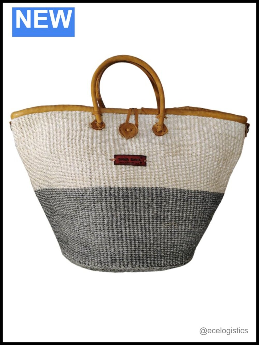 Handwoven Sisal & Leather Straw Tote Bag Market Shopping Beach Handbag